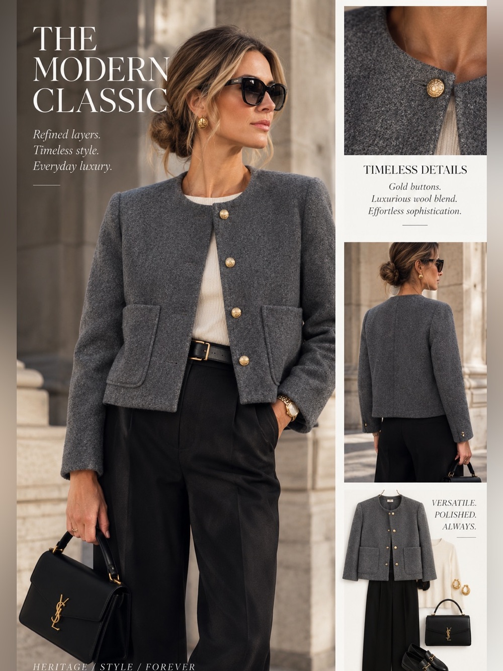 Classic Grey Wool-Blend Women’s Jacket with Gold Buttons